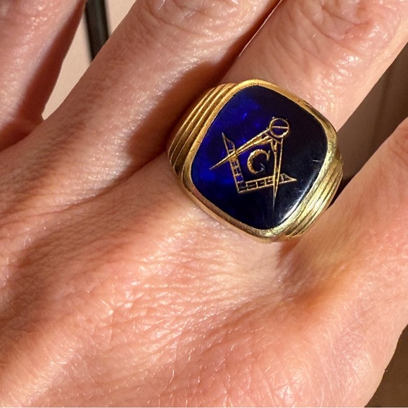 Vintage 1940’ Art deco Gold Fill cobalt Blue Glass Mason Signet Ring - Picture 13 of 16